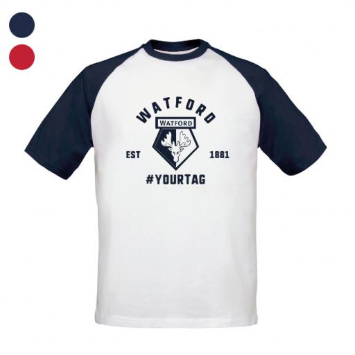 Personalised Watford FC Vintage Hashtag Baseball T-Shirt.