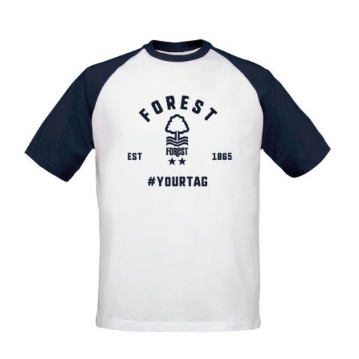 Personalised Nottingham Forest FC Vintage Hashtag Baseball T-Shirt.