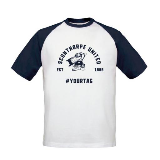 Personalised Scunthorpe United FC Vintage Hashtag Baseball T-Shirt.