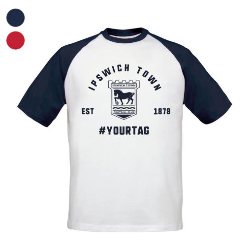 Personalised Ipswich Town FC Vintage Hashtag Baseball T-Shirt.