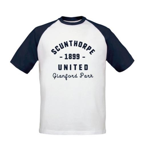 Personalised Scunthorpe United FC Stadium Vintage Baseball T-Shirt.