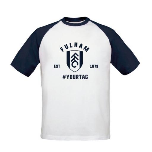 Personalised Fulham FC Vintage Hashtag Baseball T-Shirt.