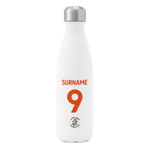 Personalised Luton Town FC Back of Shirt Insulated Water Bottle - White.