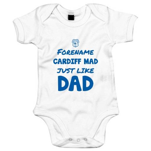 Personalised Cardiff City Mad Like Dad Baby Bodysuit.