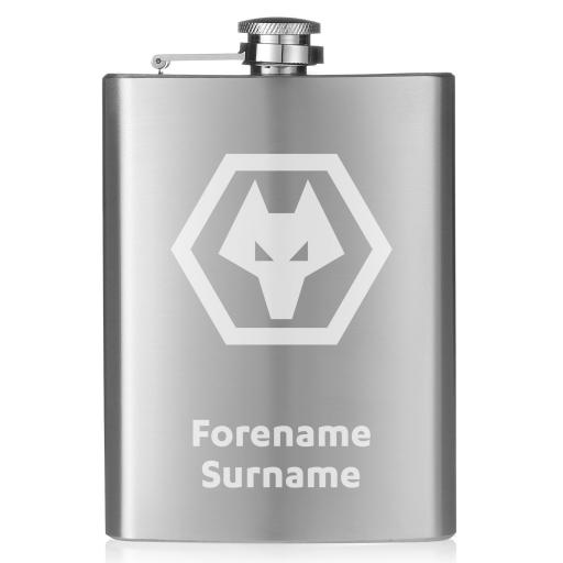 Personalised Wolves Crest Hip Flask.