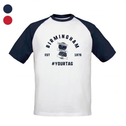 Personalised Birmingham City FC Vintage Hashtag Baseball T-Shirt.