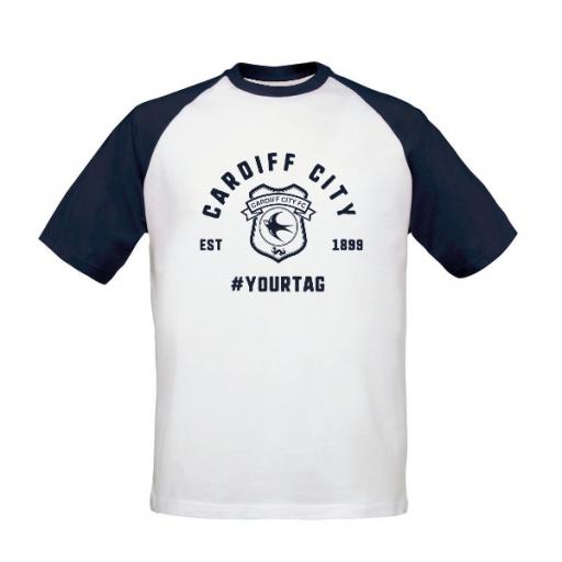 Personalised Cardiff City FC Vintage Hashtag Baseball T-Shirt.
