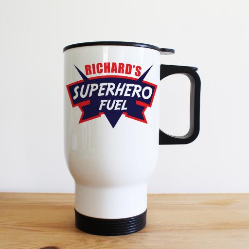 Personalised Dad's Superhero Fuel Travel Mug.