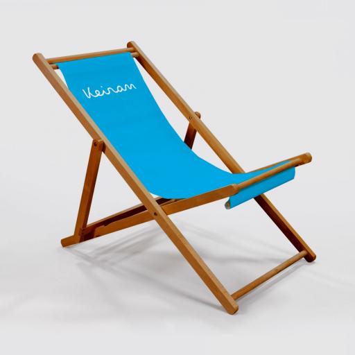 Personalised Personalised Wooden Deck Chair - White on Blue.
