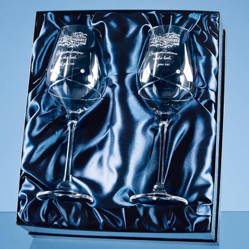 Personalised 2 Diamante Wine Glasses with a Kiss Cut Design in a Satin Lined Gift Box.