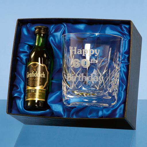 Personalised Blenheim Whisky Tumbler Gift Set with a 5cl Miniature Bottle of Malt Whisky.