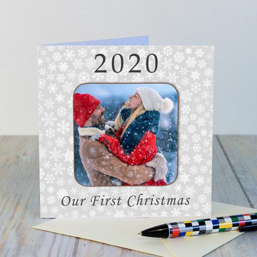 Personalised Our First Christmas Greeting Card with a detachable personalised coaster.