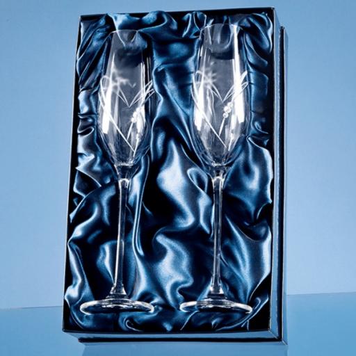 Personalised 2 Diamante Champagne Flutes with Heart Shaped Cutting in a Satin Lined Gift Box.