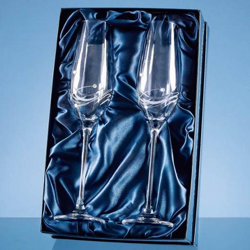 Personalised 2 Diamante Champagne Flutes with Elegance Spiral Cutting in a Satin Lined Gift Box.