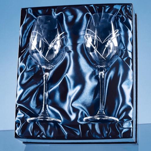 Personalised 2 Diamante Wine Glasses with Heart Shaped Cutting in a Satin Lined Gift Box.