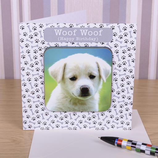 Personalised Woof Woof Photo Upload Greeting Card with a detachable personalised coaster.