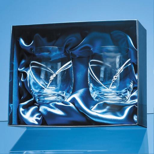 Personalised 2 Diamante Whisky Tumblers with Heart Shaped Cutting in a Satin Lined Gift Box.