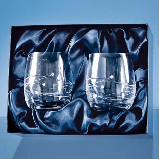 Personalised 2 Diamante Whisky Tumblers with Spiral Design Cutting in a Satin Lined Gift Box.