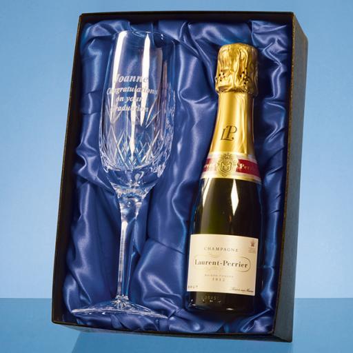 Personalised Blenheim Single Champagne Flute Gift Set with a 20cl Bottle of Laurent Perrier Champagne.