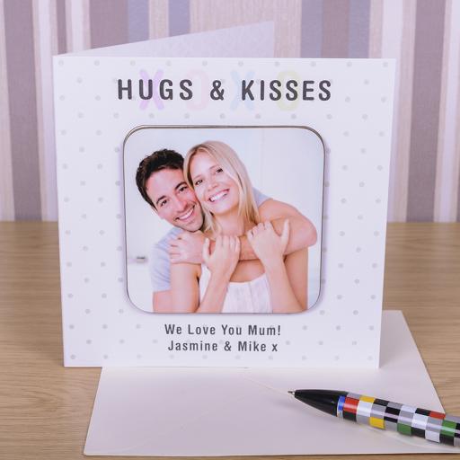 Personalised Hugs &amp; Kisses Greeting Card with a detachable personalised coaster.