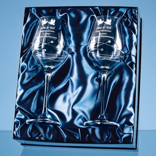 Personalised 2 Diamante Wine Glasses with Spiral Design Cutting in a Satin Lined Gift Box.