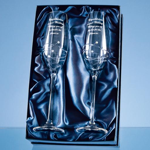 Personalised 2 Diamante Champagne Flutes with Spiral Design Cutting in a Satin Lined Gift Box.