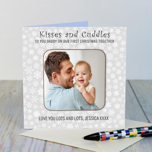 Personalised First Christmas Greeting Card with a detachable personalised coaster.