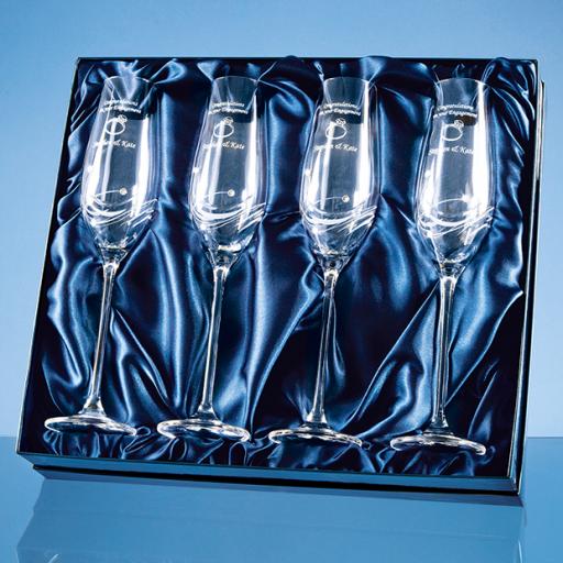 Personalised 4 Diamante Champagne Flutes with Elegance Spiral Cutting in a Satin Lined Gift Box.