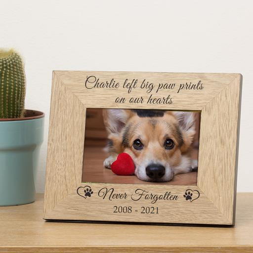 Personalised Left Big Paw Prints on our Hearts Wood Photo Frame